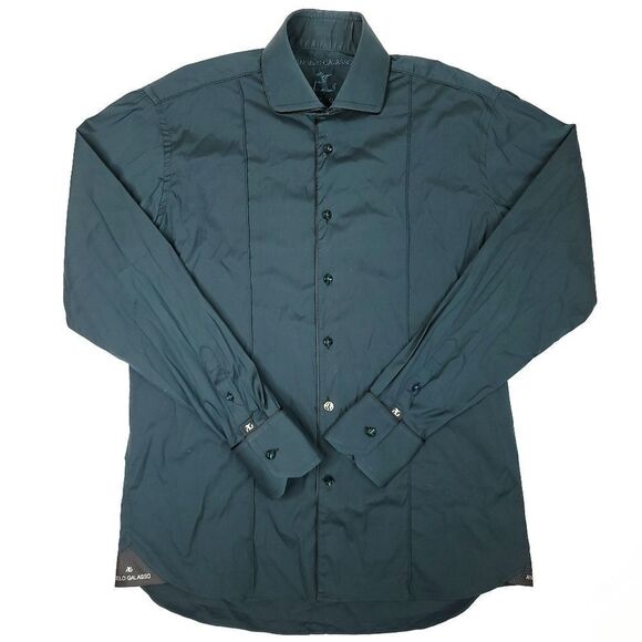 Angelo Galasso Solid Green Mason Slim Long Sleeve Dress Shirt Mens 45/18 Gems - Picture 1 of 10